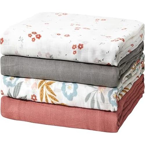 Momcozy Muslin Swaddle Blankets, Ultra Soft Neutral Swaddle Blanket, Breathable Large 47'' x 47'' Baby Infant Newborn Boys Girls Swaddling Receiving Blanket Wraps, Tiny Flower Clusters