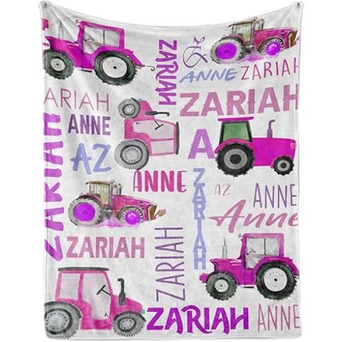 Personalized Tractors Blanket - Custom Name with Farm Tractor Trucks Design - Soft Plush Flannel Bed Blanket for Baby Kid Teen Boys Girls Customized Gifts White & Purple