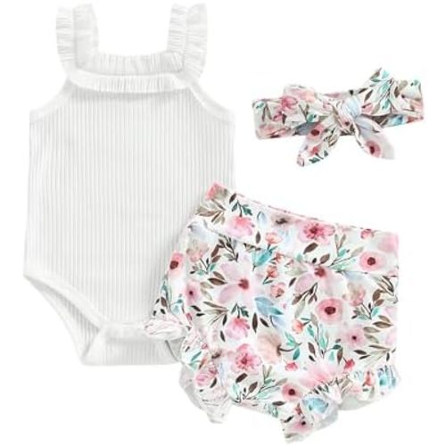 Newborn Infant Baby Girl Summer Clothes Outfits Set Floral Print Romper Tops Drawstring Short Headband Clothes Set