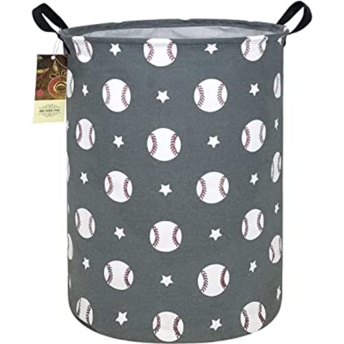 HUNRUNG Laundry Hamper,Large Canvas Fabric Lightweight Storage Basket Toy Organizer Dirty Clothes Collapsible Waterproof for College Dorms, Children Bedroom,Bathroom(Round-Grey Baseball)