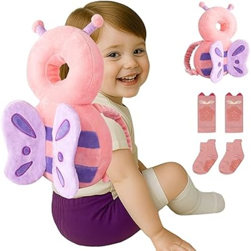 Baby Head Protector Backpack (9 to 24 Months) - Cute Head Guard Pillow with Knee Pads and Socks, Crawling and Walking Safety Set, Toddler Head Cushion Backpack, Gift, Lavender Pink Butterfly