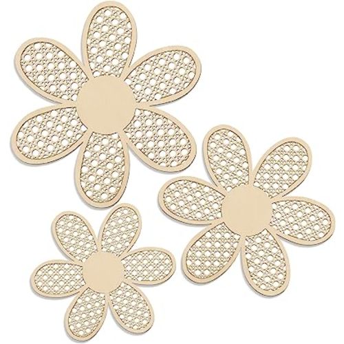 Maitys 3 Pieces Boho Daisy Wall Decor Natural Rattan Flower Wall Hanging Art Wooden Boho Art Nursery Flowers Farmhouse Hanging Decor for Home Office Nursery(Wooden Color)