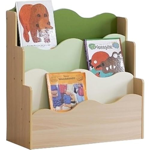 Kids Bookshelf Montessori Shelf for Toddlers, Front-Facing Book Organizer for Children, Pastel Nursery Floor Bookshelf, Wave Design Reading Corner Display Rack