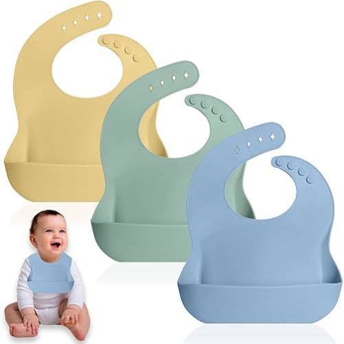 Blue - Set of 3 Waterproof Silicone Baby Bibs - BPA Free Silicone Baby Bib - Flexible and Soft