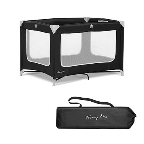 Dream On Me Zodiak Baby Playard, Breathable Mesh Sides, Soft Comfortable Mattress, Quick & Easy to Fold with Travel Carry Bag, Compact Space Saving Design - Black