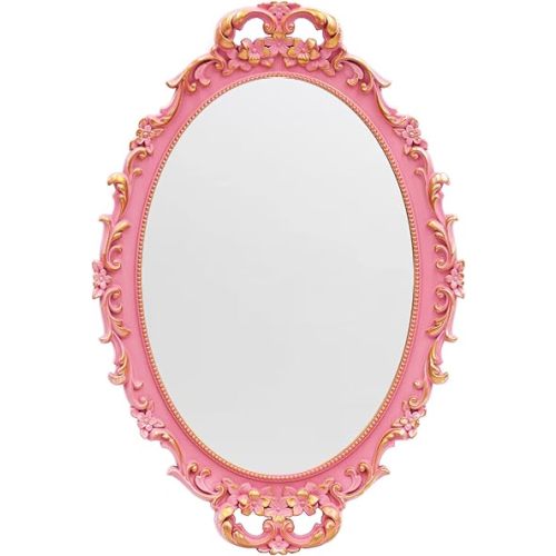 Vintage Decorative Pink Framed Mirror, Wall Hanging Mirrors & Tabletop Tray for Bedroom Living Room Dresser Decor, Oval- 9.6" W x 14.3" L (Pink)