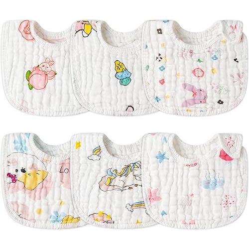 Zainpe 6Pcs Snap Muslin Cotton Baby Bibs Star Cat Rabbit Pattern Adjustable Feeding Bib Machine Washable Unisex Burp Cloths with 6 Absorbent & Soft Layers for Infant Toddler Newborn Eating Drooling