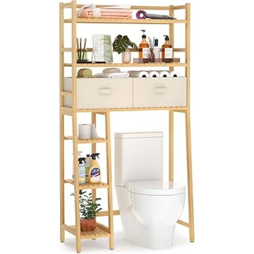 Homykic Over The Toilet Storage Shelf with 2 Fabric Drawers, Bamboo above Toilet Organizer Tower Rack with Toilet Paper Holder Stand, Bathroom Space Saver, Mass Storage, No Rust, Natural
