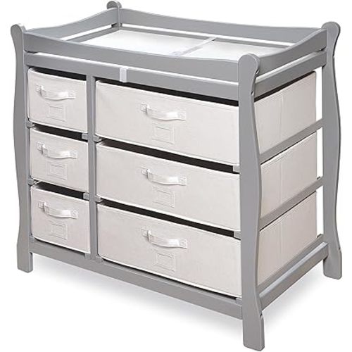 Badger Basket Sleigh-Style Baby Changing Table in Gray– Secure Diaper Station with 6 Removable Baskets & Changing Pad