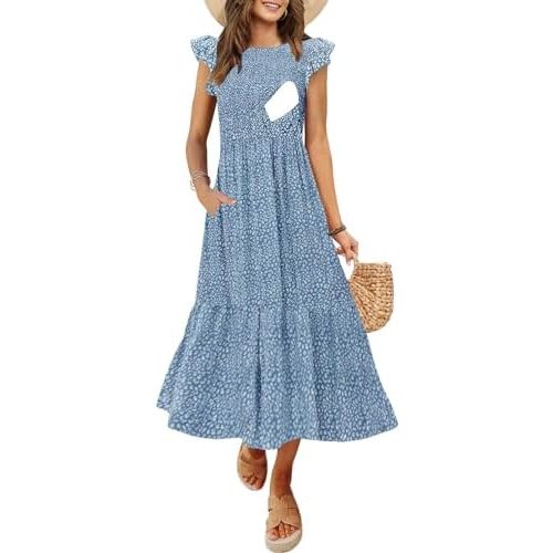 Women's Nursing Dress Flutter Short Sleeve Crew Neck Smocked Elastic Waist Tiered Midi with Pockets