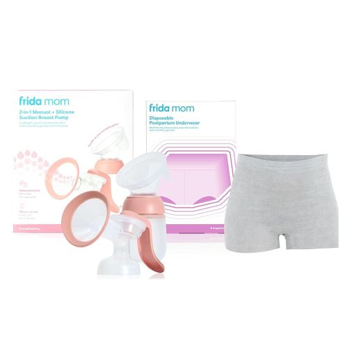 Frida Mom Postpartum Disposable Boyshort Underwear and 2-in-1 Manual Breast Pump Bundle, Hands-Free Silicone Suction Cup Milk Collector and SoftFeel Flange for Breastfeeding, 8 Size Regular Underwear