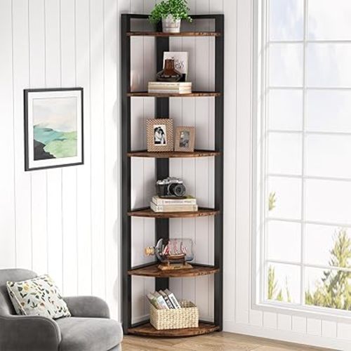 Tribesigns 6 Tier Corner Shelf, 70.9 Inch Tall Corner Bookshelf Small Bookcase Rustic Corner Shelving Unit Storage Rack for Living Room, Home Office, Kitchen, Small Space