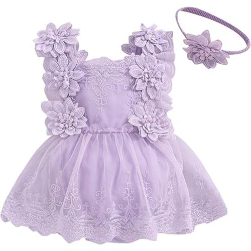 Newborn Baby Girl Lace Romper Dress Sleeveless Floral Lace Outfits Summer Toddler Clothes with Headband (Purple, 0-3 Months)