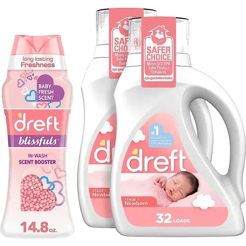 Dreft Newborn Baby Laundry Detergent, 64 Loads (2-Pack) + Dreft Baby Fresh Scent Booster Beads, 14.8 oz