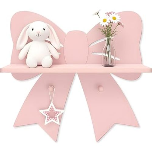 Bow Shaped Floating Shelf with Hooks, Pink Wooden Wall Decor for Girls Room