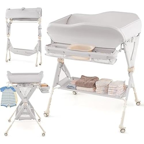 INFANS Baby Changing Table with Wheels, Portable Folding Diaper Station Nursery Organizer with Storage Basket, Hanging Rack, Adjustable Height, Safety Belt for Newborn Infant (Light Gray)