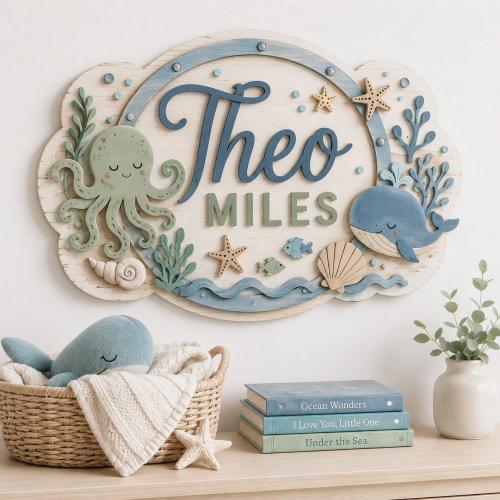 Personalized Ocean Nursery Name Sign, Custom 3D Wooden Baby Name Decor, Coastal Sea Theme Hanging Sign, Layered Wood for Baby Room Gift