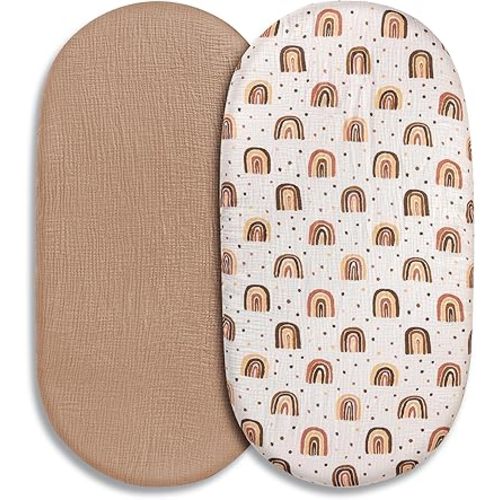 Muslin Bassinet Fitted Sheets, 2 Pack for Baby Boy and Girl, Soft Breathable Stretchy Baby Pad/Mattress Sheet Set, Universal Fit for Hourglass Oval and Rectangle Bassinet Mattress (Cute Rainbow)