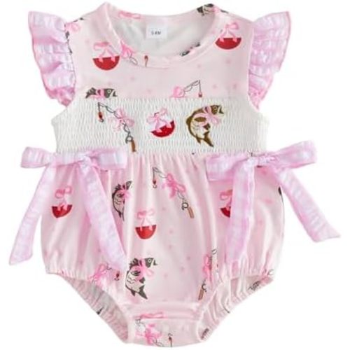 Newborn Baby Girl Fishing Outfit Fish Onesie Ruffle Sleeveless Smocked Bubble Romper Bodysuit Infant Summer Clothes