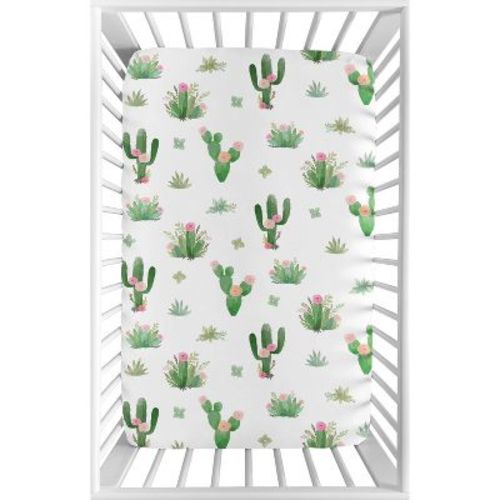 Sweet Jojo Designs Girl Baby Fitted Mini Crib Sheet Cactus Floral Pink Green and White