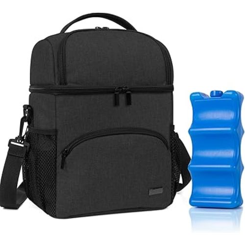 Teamoy Double Layer Breastmilk Cooler Bag with Ice Pack, Travel Baby Bottles Cooler Tote Bag Up to 6 Large 9 Ounce Bottles, Black