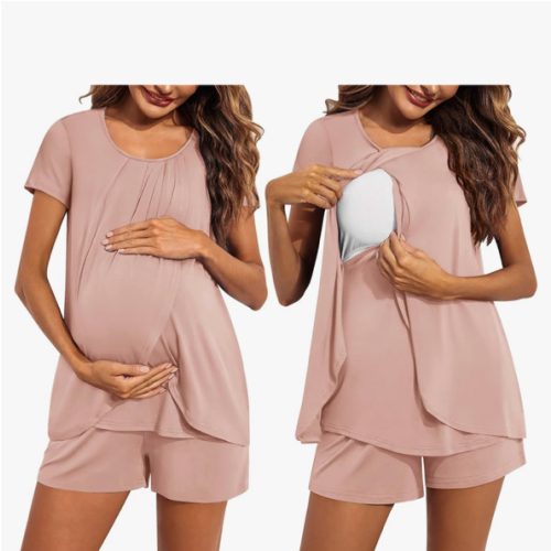 Ekouaer Women's Maternity Nursing Pajamas Set Breastfeeding Sleepwear Double Layer Short Sleeve Top & Shorts Nursing Pjs