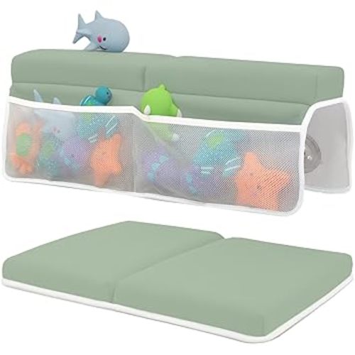Baby Bath Kneeler and Elbow Rest Pad Set - Baby Bath Support for Knees and Elbows - Bath Kneeler Pad with Memory Foam and Bath Toys Organizer - Ideal Bath Kneeling Pad for Bathing Baby - Green