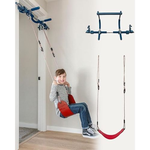 Gym1 2-Piece Doorway Gym for Kids, Includes Door Sensory Swing, Indoor Pull-Up Bar for Adults, Rings, Hanging Trapeze, Ladder & Knotted Rope, Holds Up to 300 Lbs - Red