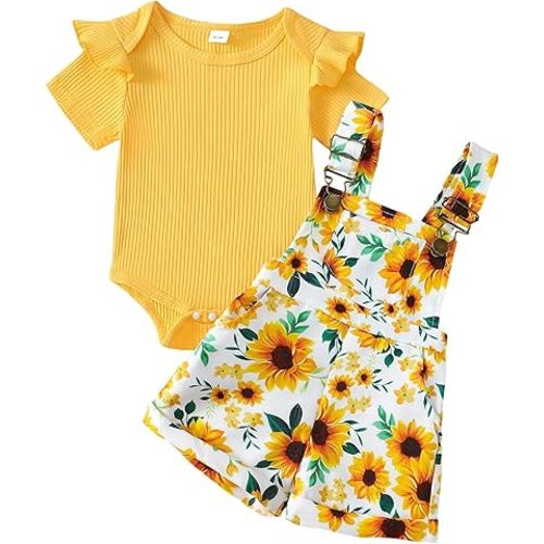 SUNNY PIGGY Toddler Baby Girl Overalls Clothes Toddler Adjustable Suspender Jumpsuit Short Sleeve Outfit Little Girl's Set