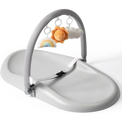 Wipe-Clean Baby Changing Pad, Waterproof Durable PU Changing Pad for Dresser, Soft & Non-Slip Changing Pad with Safety Belt & Hanging Toys, Easy to Adjust Diaper Changing Pad for Changing Table, Gray