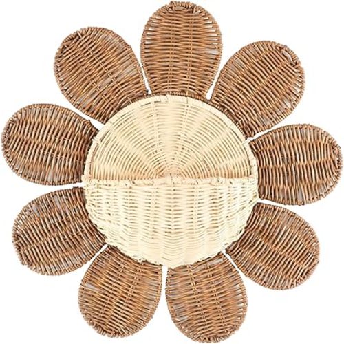 Rattan Daisy Wall Basket Hanging Wicker Baskets for Wall Home Decor, Hanging Woven Rattan Storage for Flowers Front Door Bathroom Storage Daisy Wicker Organizer