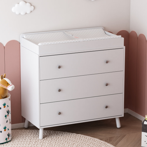 Changing Table,3 Drawers Storage Dresser with Removable Pad,Baby Changing Table Safety Rail and Strap for Bedroom, Nursery,White