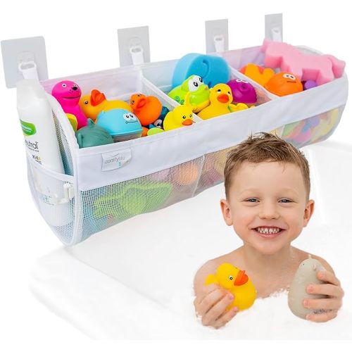 Comfylife Large Bath Toy Organizer – 3 Compartment Bath Toy Holder for Bathtub & Shower – Quick-Dry Mesh with 4 Strong Adhesive Hooks – Kids Toys Storage Net for Bathroom, shower & Tub