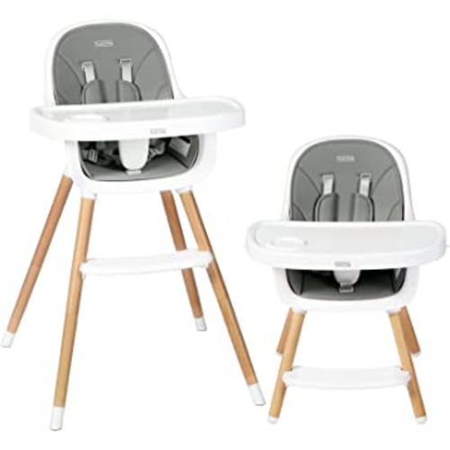 Kinder King Wooden Baby High Chair, 3 in 1 Convertible Highchair, Infant Feeding Chair-Toddler Chair, Adjustable Legs, Double Removable Tray, Detachable Footrest & PU Cushion, 5-Point Harness, Grey
