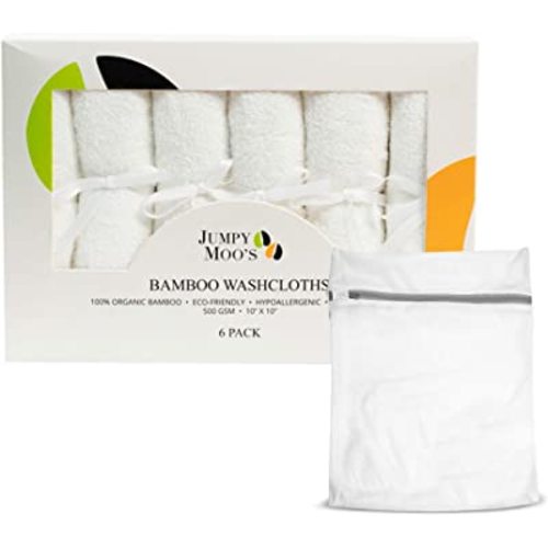 Jumpy Moo's Baby Washcloths - 100% Rayon from Bamboo, Ultra Thick 10x10 inches, Gentle on Delicate Skin, Perfect for Girls and Boys, Includes Giftbox & Laundry Bag