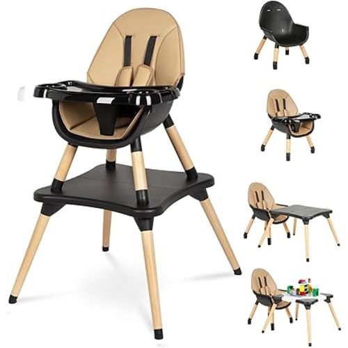 High Chair for Babies & Toddlers, Convertible Wooden 6 in 1 Baby Highchair, Table and Chair Set, Building Block Table, 5-Point Adjustable Seat Belts, 4-Position Removable Tray& PU Seat Cushion (Black)
