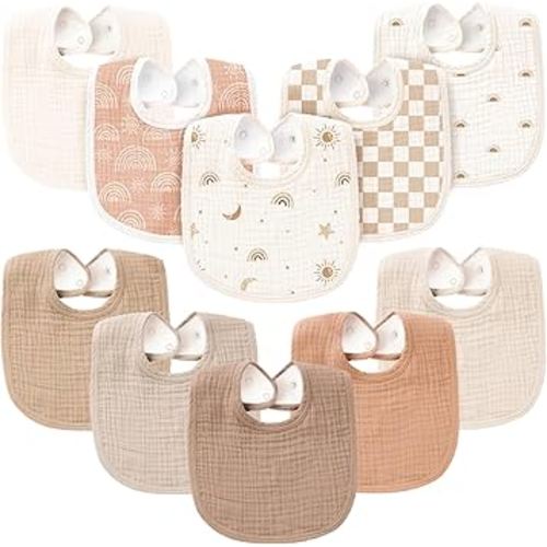 Konssy 10-Pack Muslin Baby Bibs, Soft Cotton Bandana Bibs for Drooling & Teething, Unisex Solid Colors for Boys & Girls, Newborn & Infant