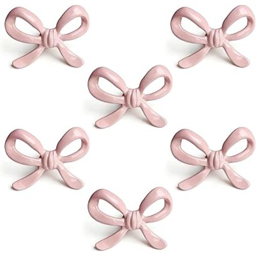 Pink Bow Drawer Pulls & Cabinet Knobs - Coquette Style Solid Metal (6-Pack) - Vintage Dresser Handles with 3 Screw Sizes for Nursery, Girls' Room & Vanity