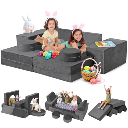 Kidirect Modular Kids Play Couch, K12 320+DIY Convertible Foam Couch for Boys & Girls, Versatile Foam Fort Building Set, Child Sectional Kids Sofa for Playroom Bedroom(Space Grey)