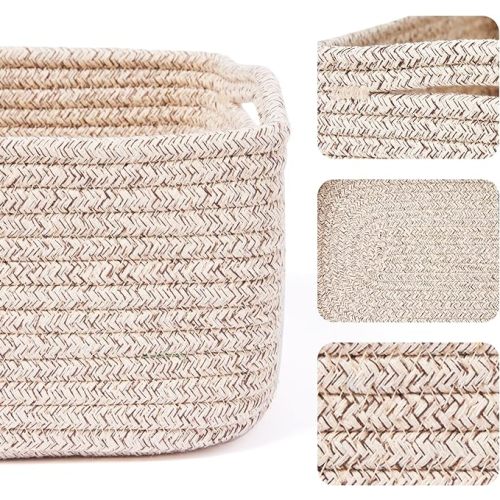 MiniArk Storage Basket for Shelves | Small Bin for Shelf Organizer | Soft Baby Basket | Toy Basket | Decorative Basket | Woven Rope Basket for Living Room Bedroom Playroom | 3 Packs Mixed Brown - L13×W8.5×H5.1" - B-Natural