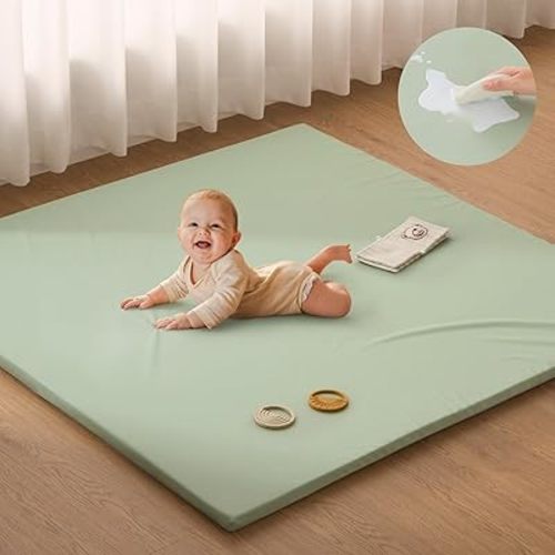 Blissful Diary Vegan Leather Baby Play Mat, Thicken Foam Cushioned & Waterproof Playpen Mat for Infants and Toddlers, Stylish and Just Wipe-Clean Crawling Mat for Tummy Time, 43" X 43", Light Green
