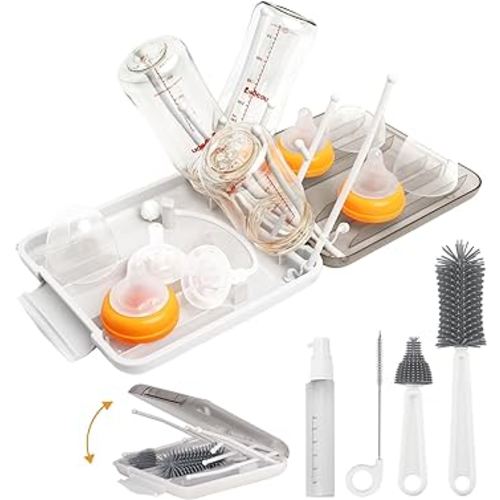 Travel Baby Bottle Drying Rack Set with Extendbale Protable Silicone Bottle Brush, Nipple Cleaner Brush,Straw Brush Compact Size Baby Essential for Newborn & Moms (White)