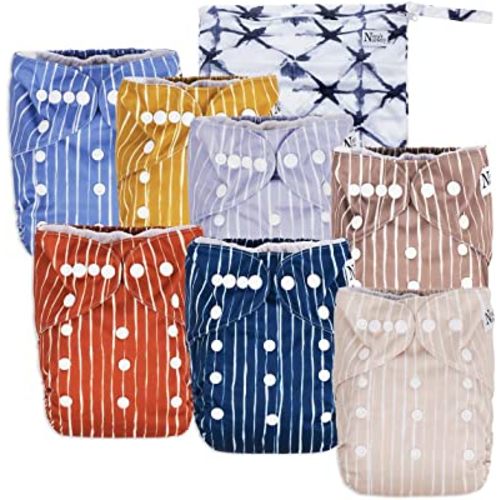 Nora's Nursery Cloth Diapers 7 Pack with 7 Bamboo Inserts & 1 Wet Bag - Waterproof Cover, Washable, Reusable & One Size Adjustable Pocket Diapers for Newborns and Toddlers - Cali Coastal