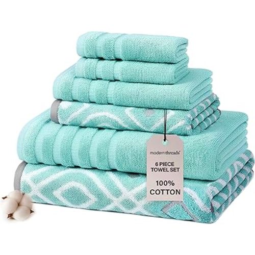 Modern Threads Oxford 6-Piece 100% Cotton Towel Set – Yarn Dyed Jacquard & Solid – Includes 2 Bath Towels, 2 Hand Towels, 2 Washcloths – Absorbent, Quick Dry, Soft & Durable – Aqua