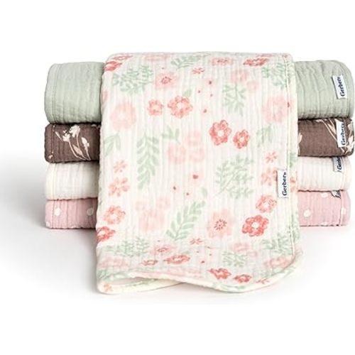 Gerber Baby Unisex Muslin Burp Cloths 5-Pack, Multi Pink Floral, Large Size 20" x 10"