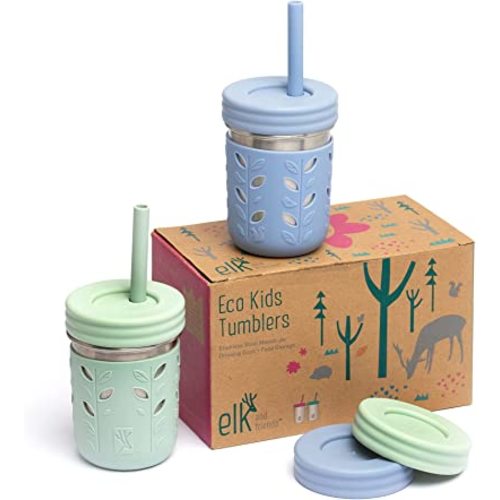 Elk and Friends Stainless Steel Cups | 10 oz Mason Jar design | Kids & Toddler Cups with Silicone Sleeves & Straws with Stopper | Smoothie Cups