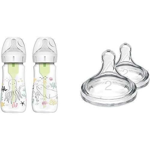 Dr. Brown’s Natural Flow® Anti-Colic Options+™ Wide-Neck Baby Bottle Designer Edition Bottles & Natural Flow Level 2, Wide-Neck Baby Bottle Silicone Nipple, Medium Flow, 3m+