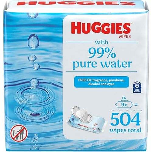 Huggies 99% Pure Water Baby Wipes, Unscented, 9 flip-top packs (3 Packs of 3), 504 Wipes Total, Packaging May Vary