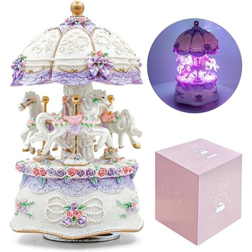 Carousel Music Box，Luxury Color Change LED Light Music Box,Luminous Rotating 3-Horse Musical Box with Gift Box for Girls Birthday Valentine Gift (You are My Sunshine, Purple)