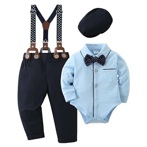 CARETOO Baby Boy Clothes Suits Infant Gentleman Outfit Formal Dress Shirt Suspender Pants Bowtie Beret Hat Wedding Set 0-18 M